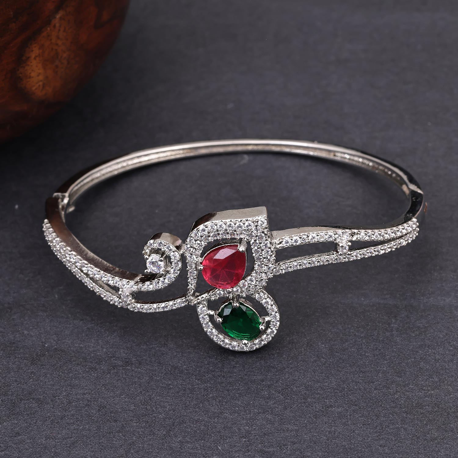 Sukkhi Pink & Green Rhodium Plated CZ Kada For Women
