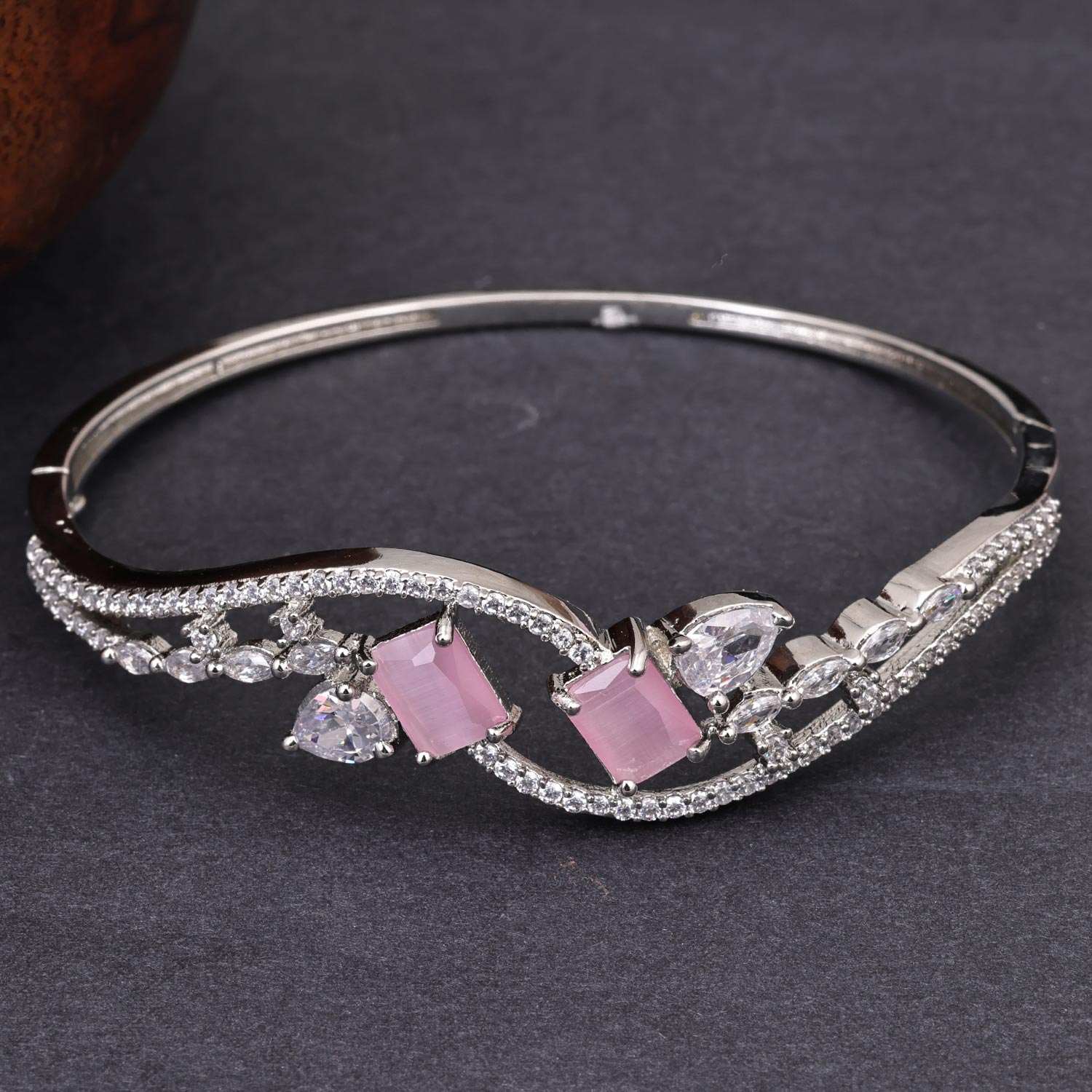 Sukkhi Pink Rhodium Plated CZ Kada For Women