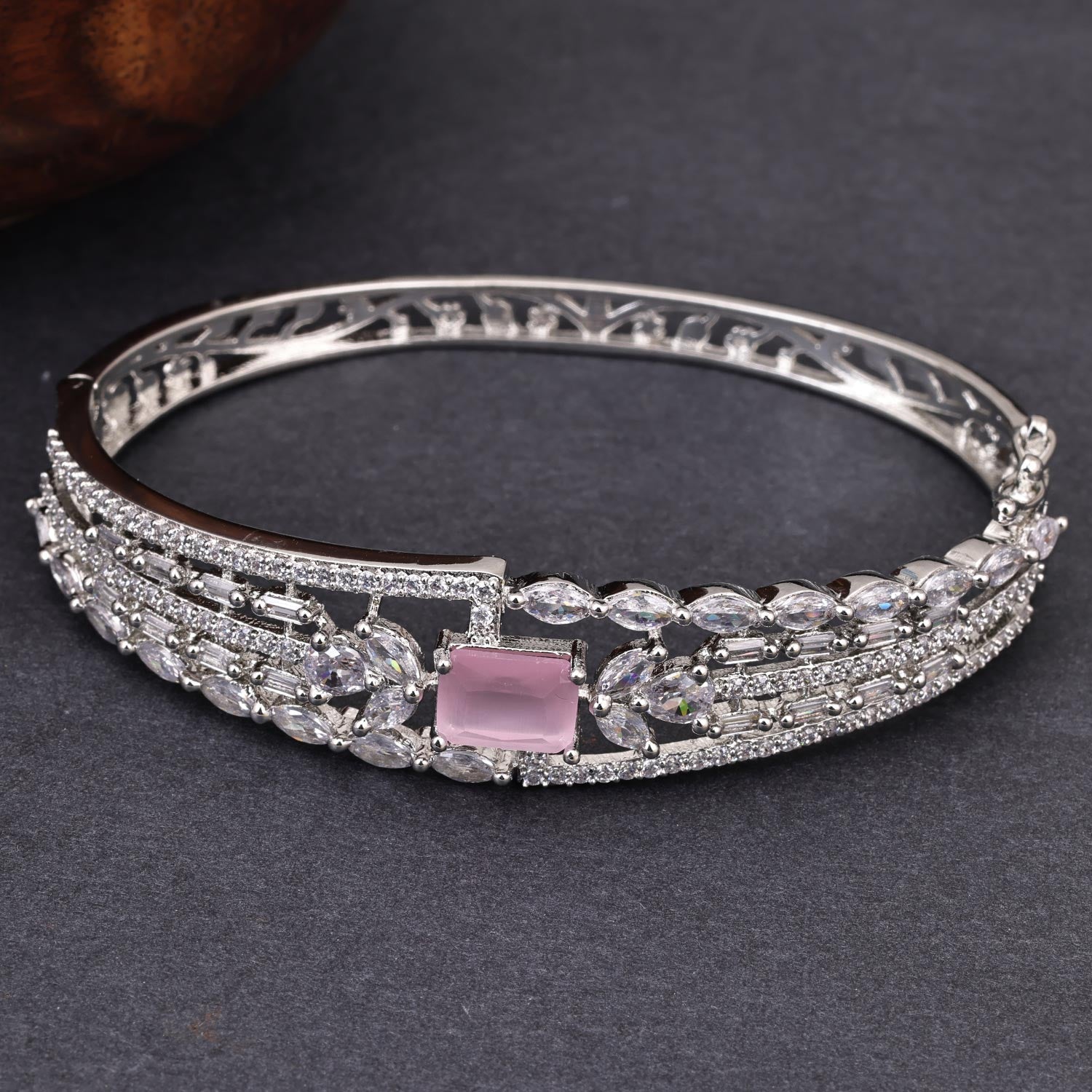 Sukkhi Pink Rhodium Plated CZ Kada For Women