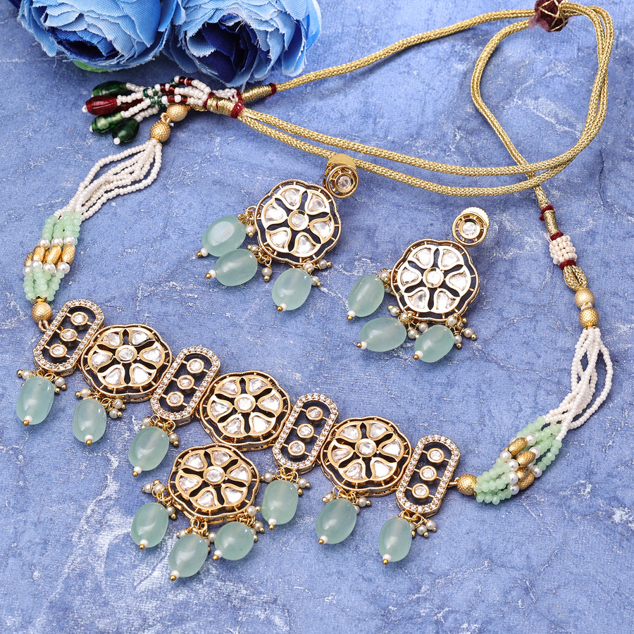 Sukkhi Arresting  Gold Plated CZ & Kundan & Pearl Green Necklace Set for Women