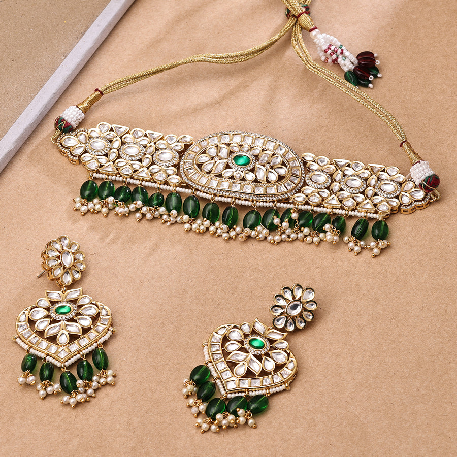 Sukkhi Spellbinding Gold Plated CZ & Kundan & Pearl Green Necklace Set for Women
