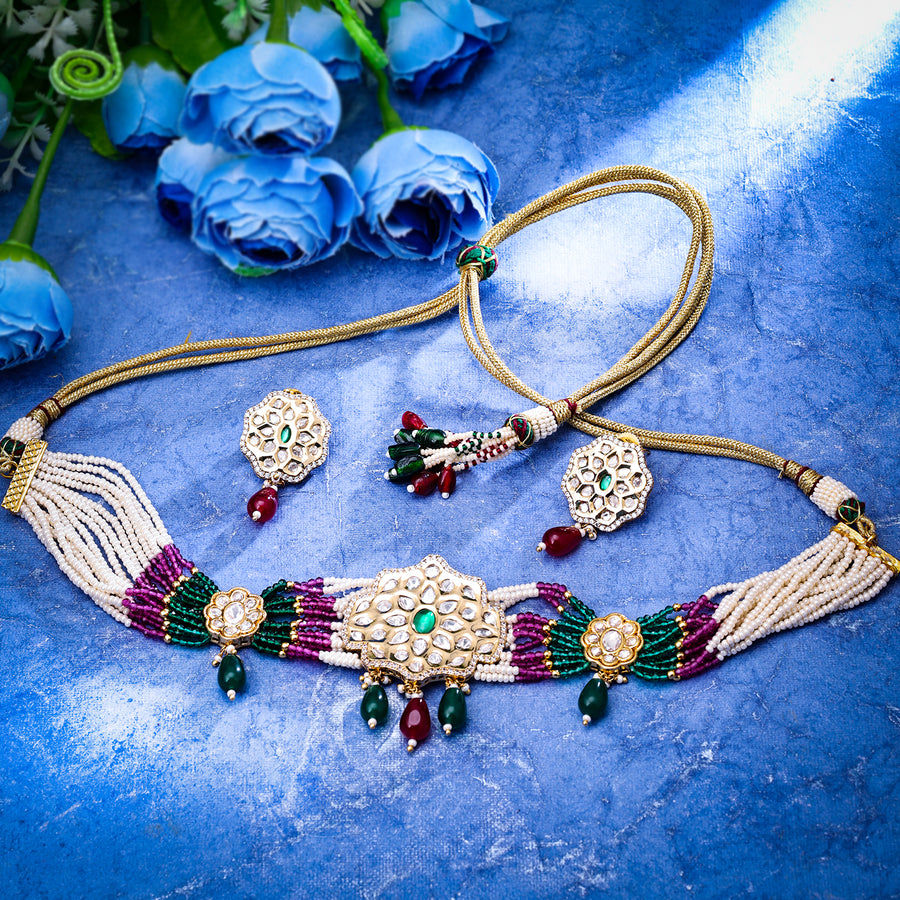 Sukkhi Tempting Gold Plated CZ & Kundan & Pearl Pink Necklace Set for Women