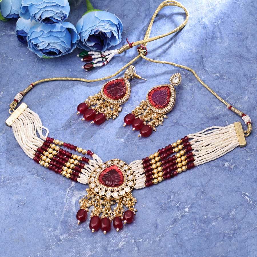 Sukkhi Pleasant  Gold Plated CZ & Kundan & Pearl Maroon Necklace Set for Women