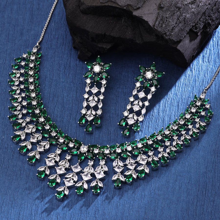 Sukkhi Stunning  Rhodium Plated CZ Green Necklace Set for Women