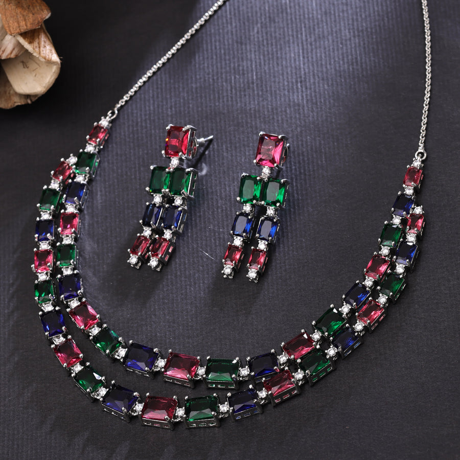 Sukkhi Prepossessing Rhodium Plated CZ Multi Necklace Set for Women