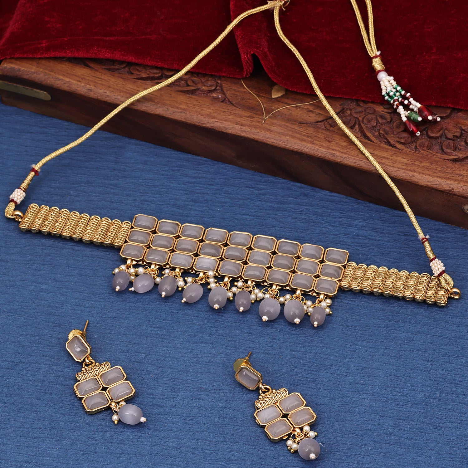 Sukkhi Seductive  Gold Plated Pearl Grey Necklace Set for Women