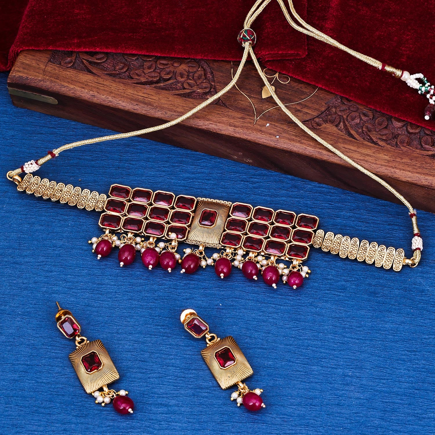 Sukkhi Superfine Gold Plated Pearl Maroon Necklace Set for Women