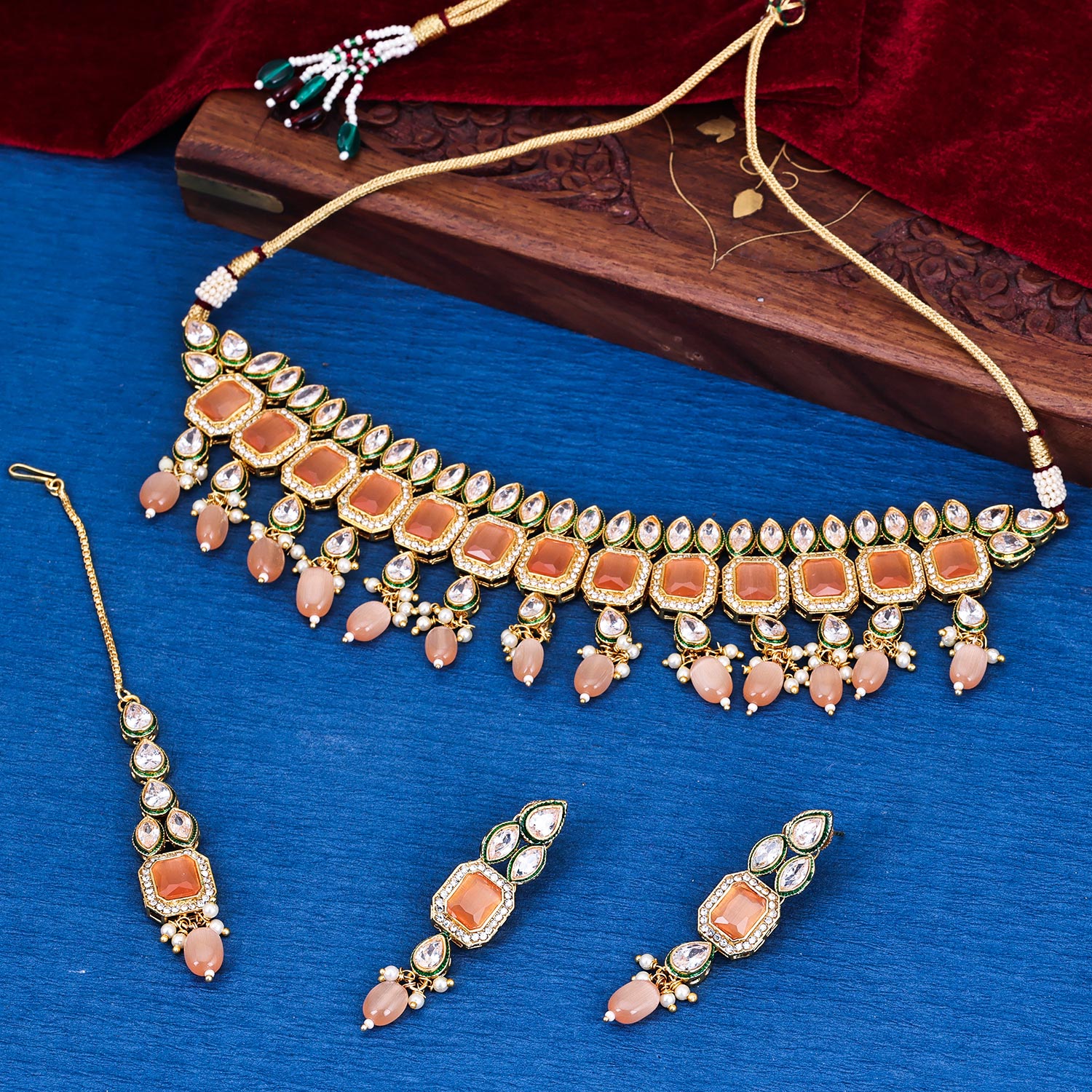 Sukkhi Traditional Gold Plated CZ & Pearl Orange Necklace Set for Women