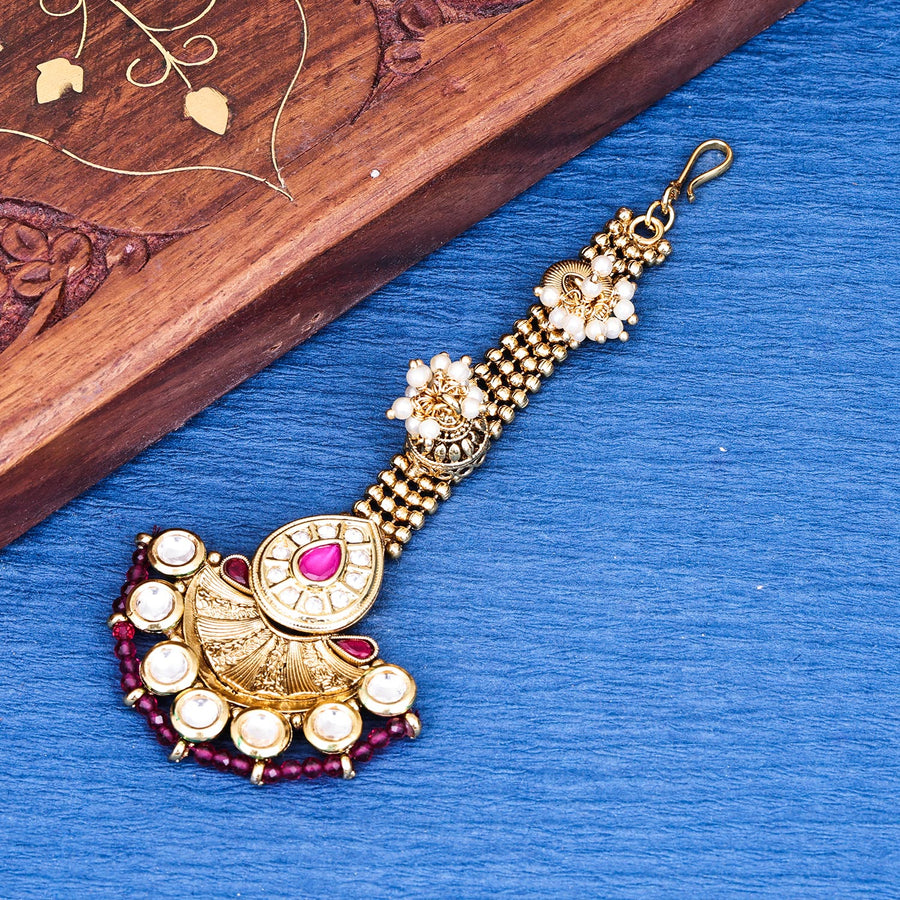 Sukkhi Winning Gold Plated Kundan & Pearl Golden Maangtikka for Women