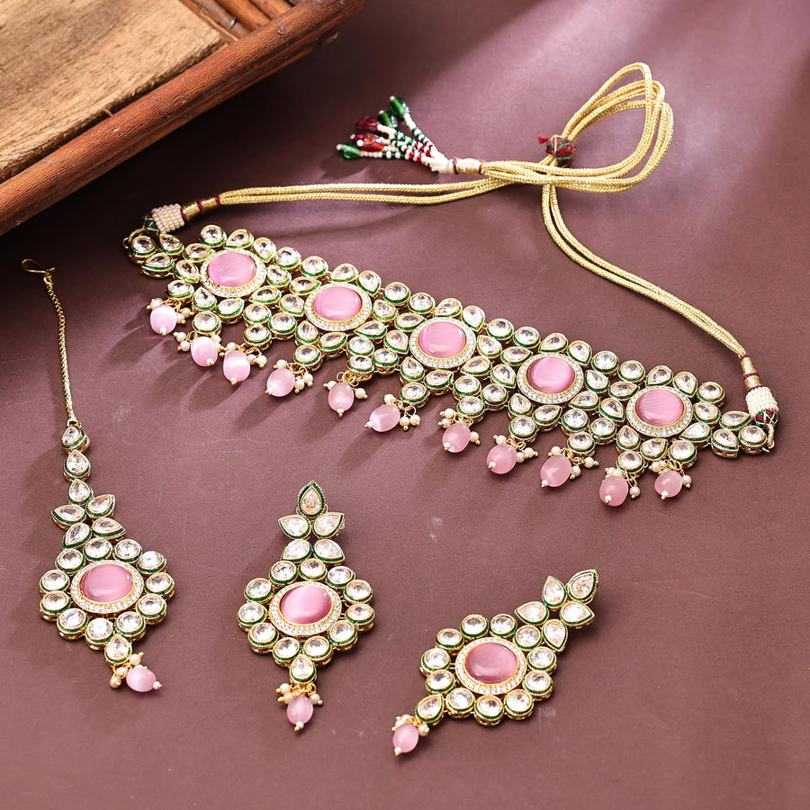Sukkhi Fetching  Gold Plated CZ & Pearl Pink Necklace Set for Women