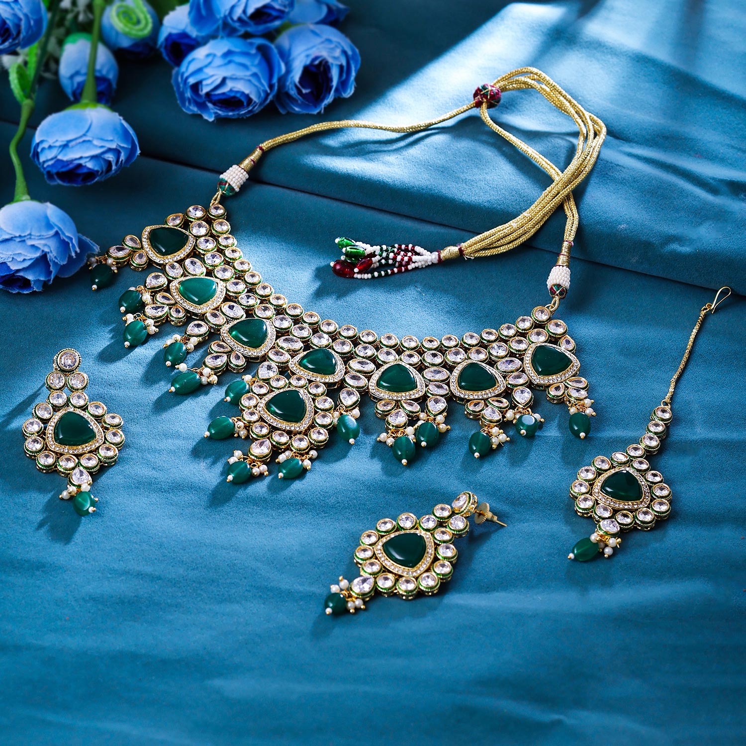 Sukkhi Good-Looking  Gold Plated CZ & Pearl Green Necklace Set for Women