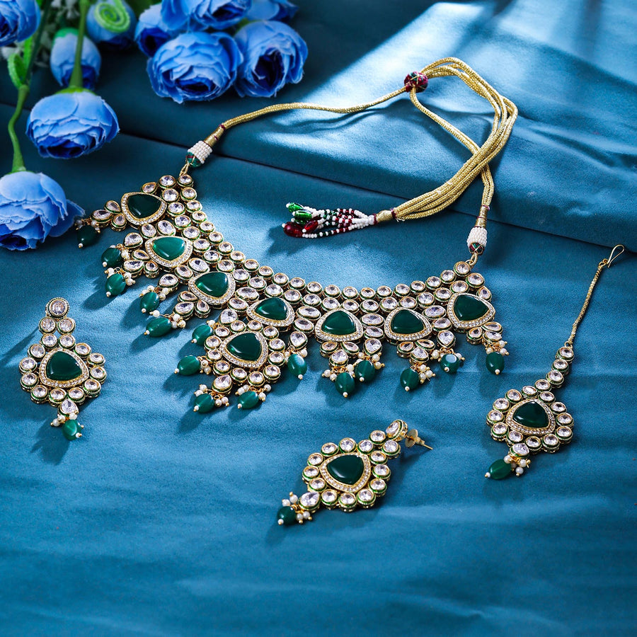 Sukkhi Good-Looking  Gold Plated CZ & Pearl Green Necklace Set for Women