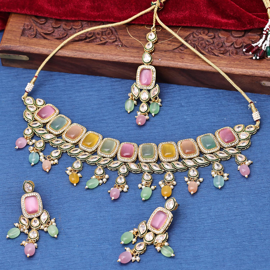 Sukkhi Goodly  Gold Plated CZ & Pearl Multi Necklace Set for Women