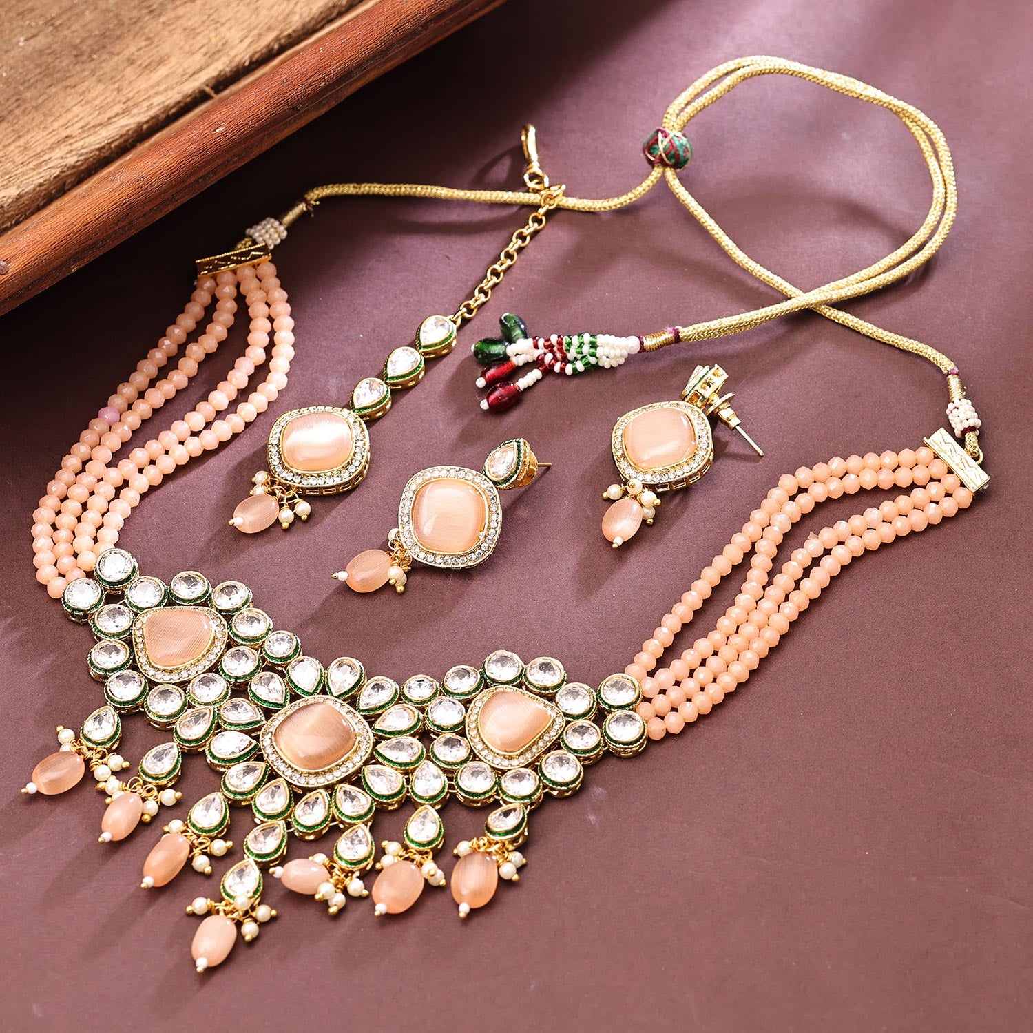 Sukkhi Pretty  Gold Plated CZ & Pearl Orange Necklace Set for Women