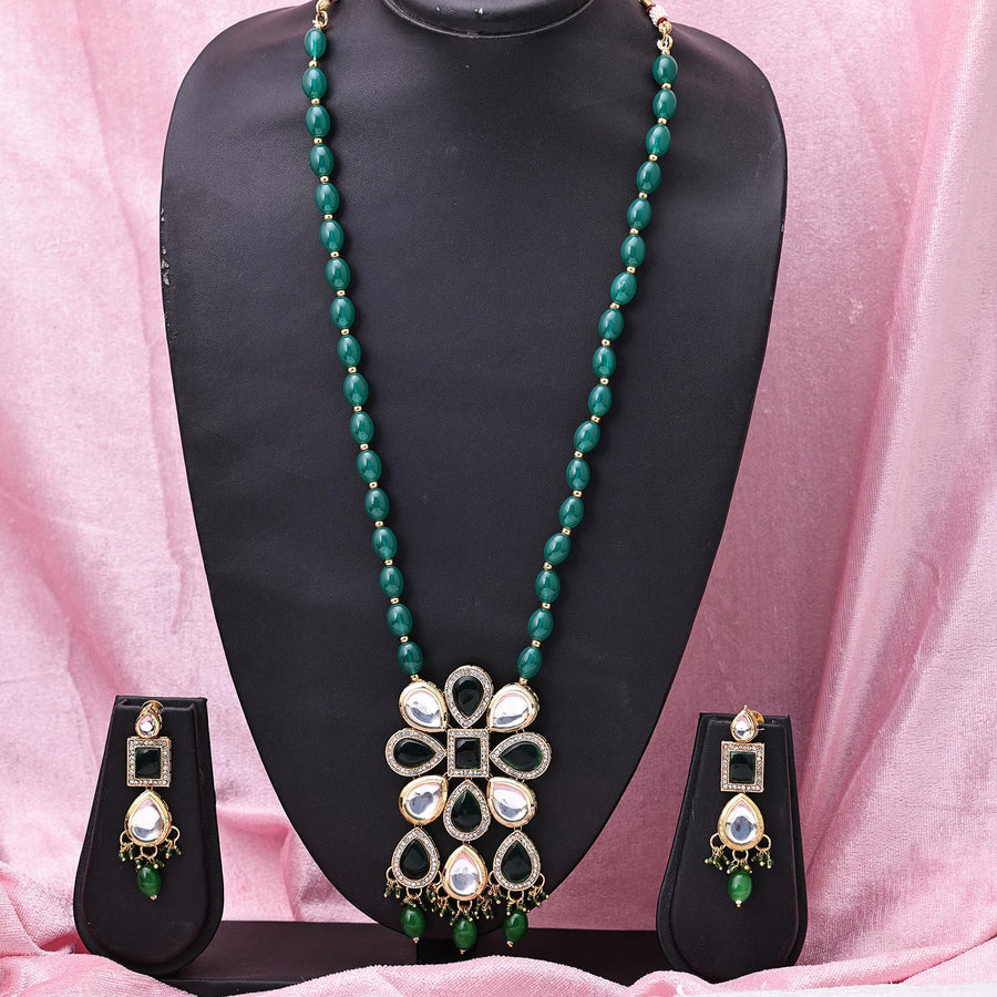 Sukkhi Dainty  Gold Plated CZ & Kundan & Pearl Green Necklace Set for Women