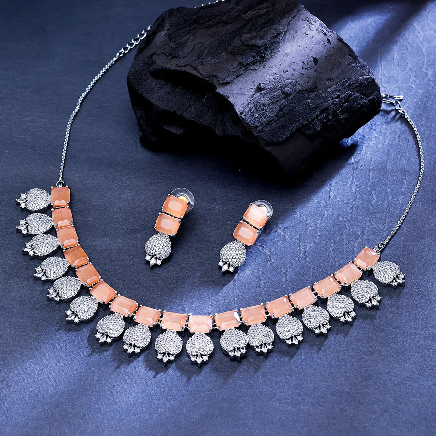 Sukkhi Captivating  Rhodium Plated CZ Peach Necklace Set for Women