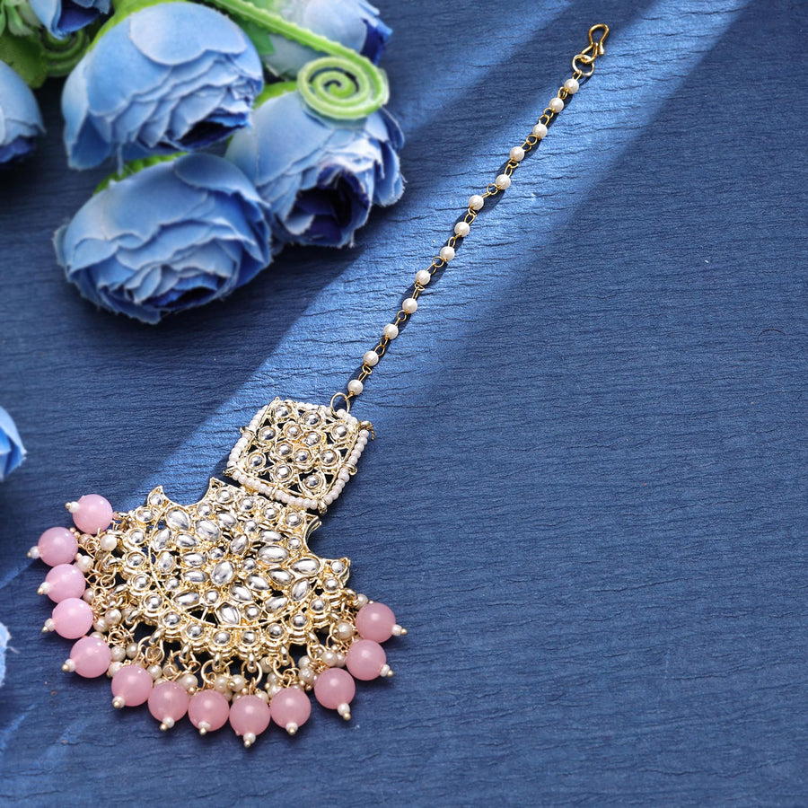 Sukkhi Personable  Gold Plated Kundan & Pearl Pink Maangtikka for Women