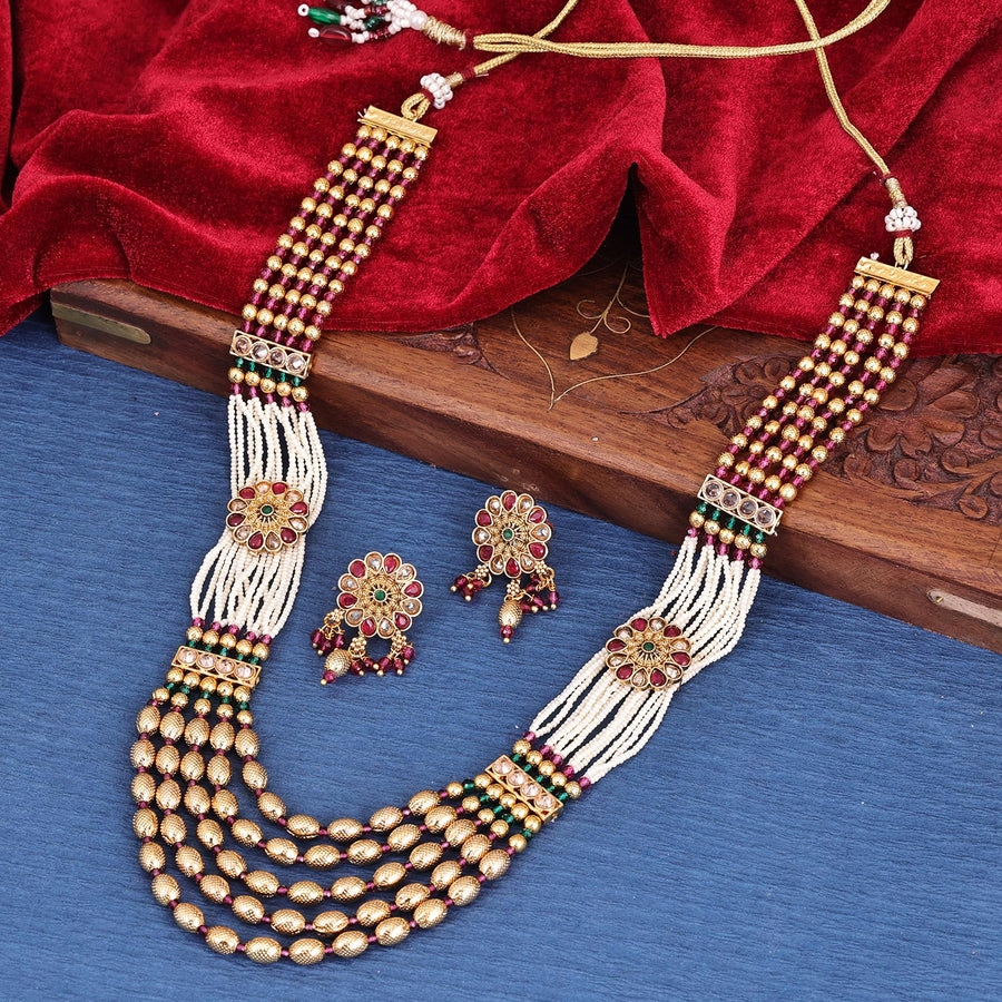 Gold Plated Kundan Choker Necklace Set With Pink Beads & Matching Mang –