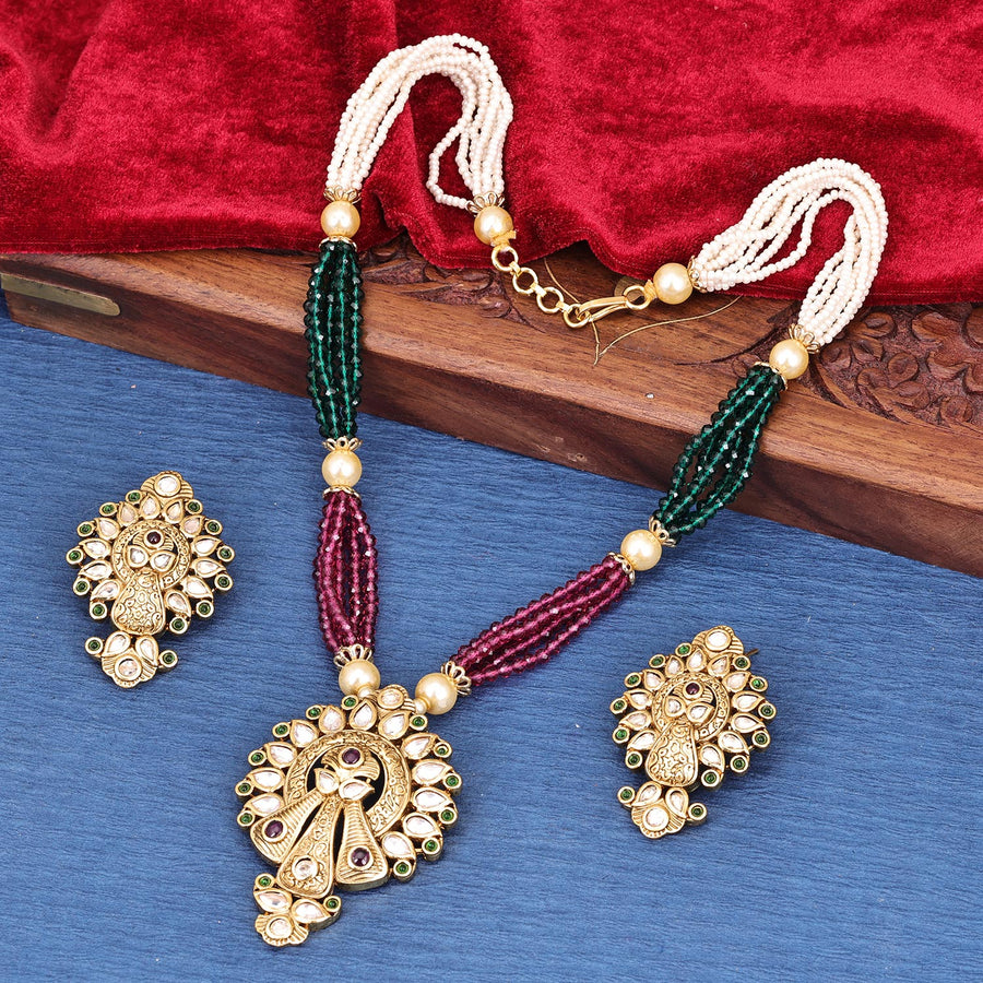 Gold Plated Kundan Choker Necklace Set With Pink Beads & Matching Mang –