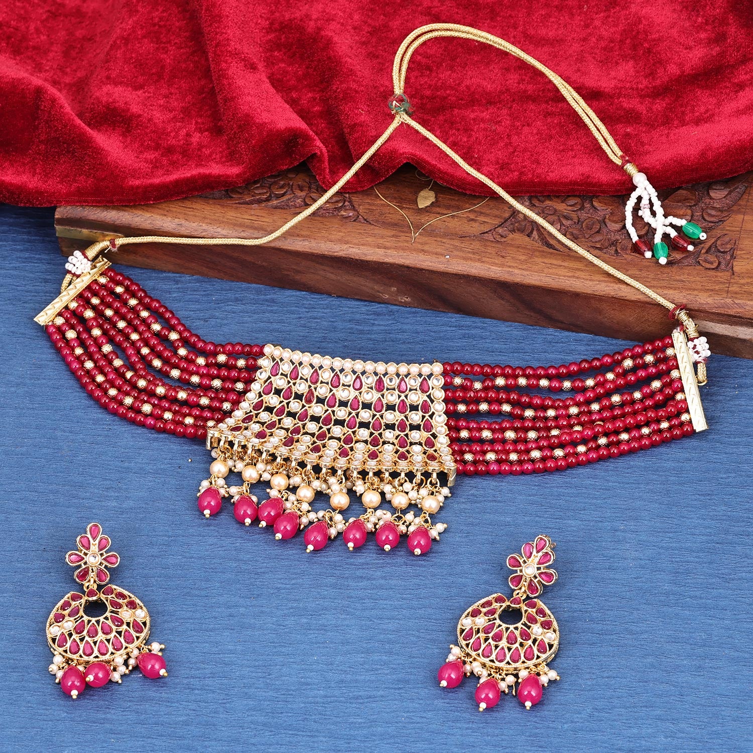 Sukkhi Intriguing  Gold Plated Kundan & Pearl Maroon Necklace Set for Women