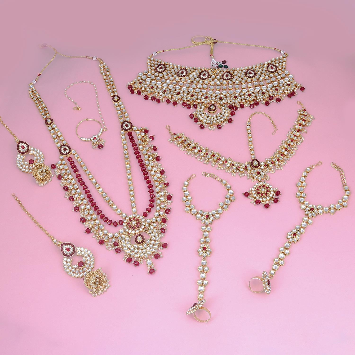 Sukkhi gripping  Maroon Kundan & Pearl Gold Plated Long Dulhan Set for Women