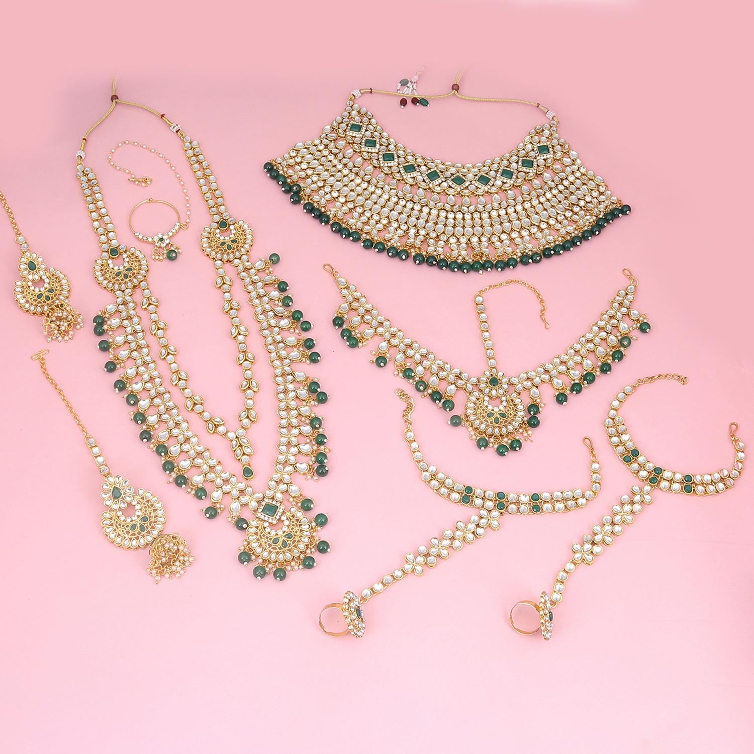 Sukkhi riveting  Green Kundan & Pearl Gold Plated Long Dulhan Set for Women