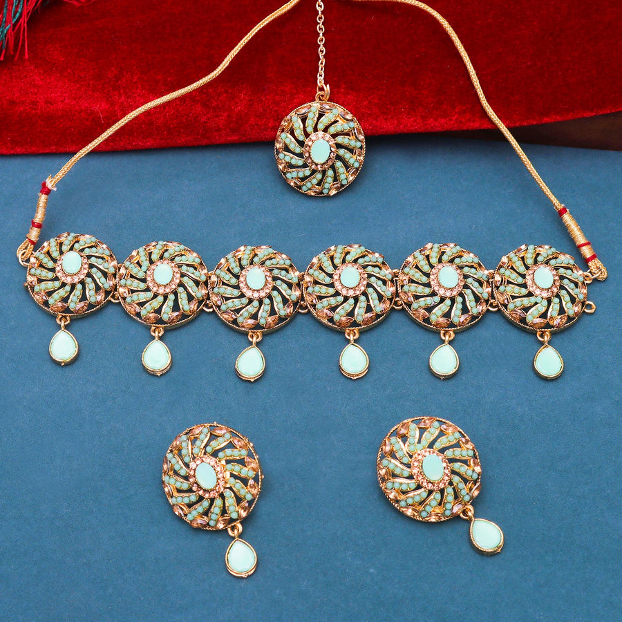 Sukkhi enticing  Green Pearl Gold Plated Choker Necklace Set for Women