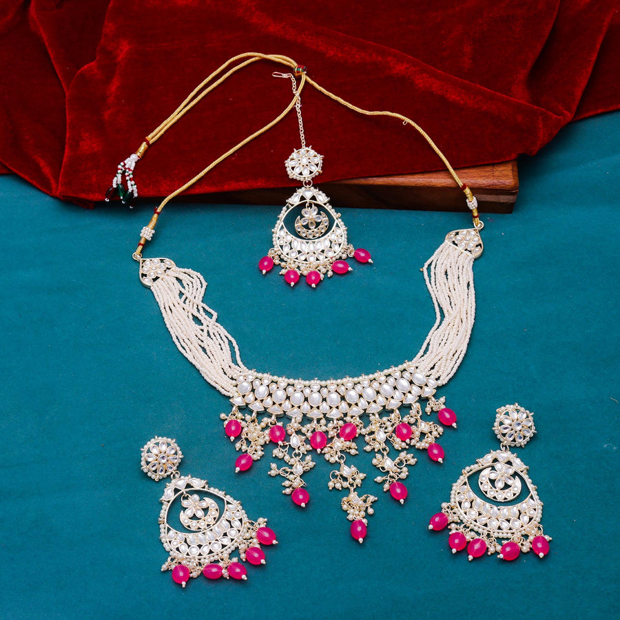 Sukkhi intriguing  Pink Kundan & Pearl Gold Plated Choker Necklace Set for Women