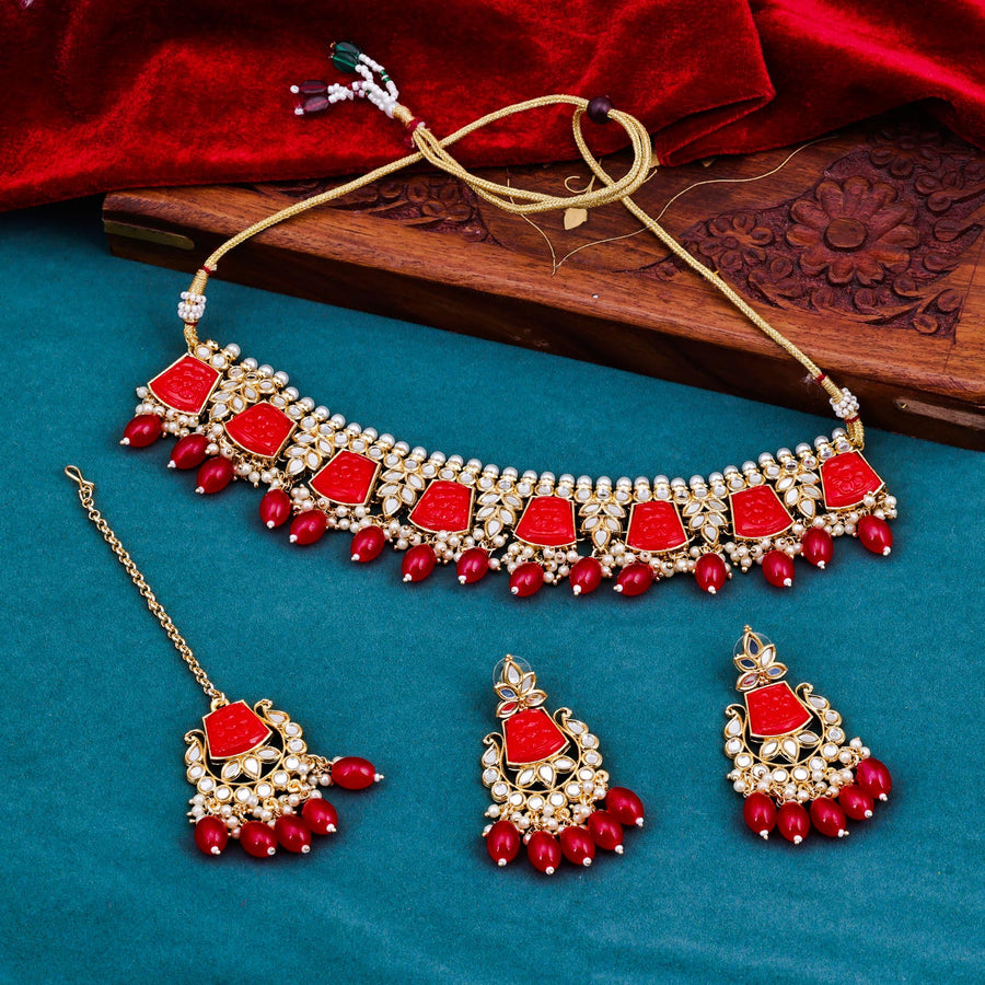 Sukkhi magnetic  Red Kundan & Pearl Gold Plated Choker Necklace Set for Women