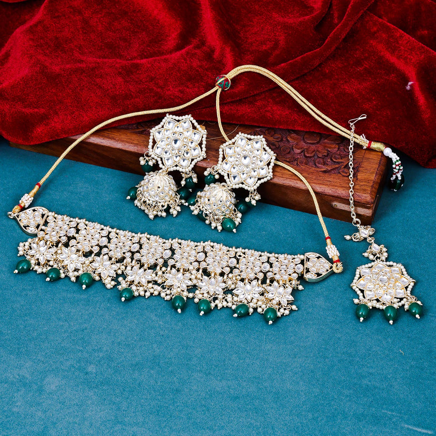 Sukkhi drop-dead  Green Kundan & Pearl Gold Plated Choker Necklace Set for Women