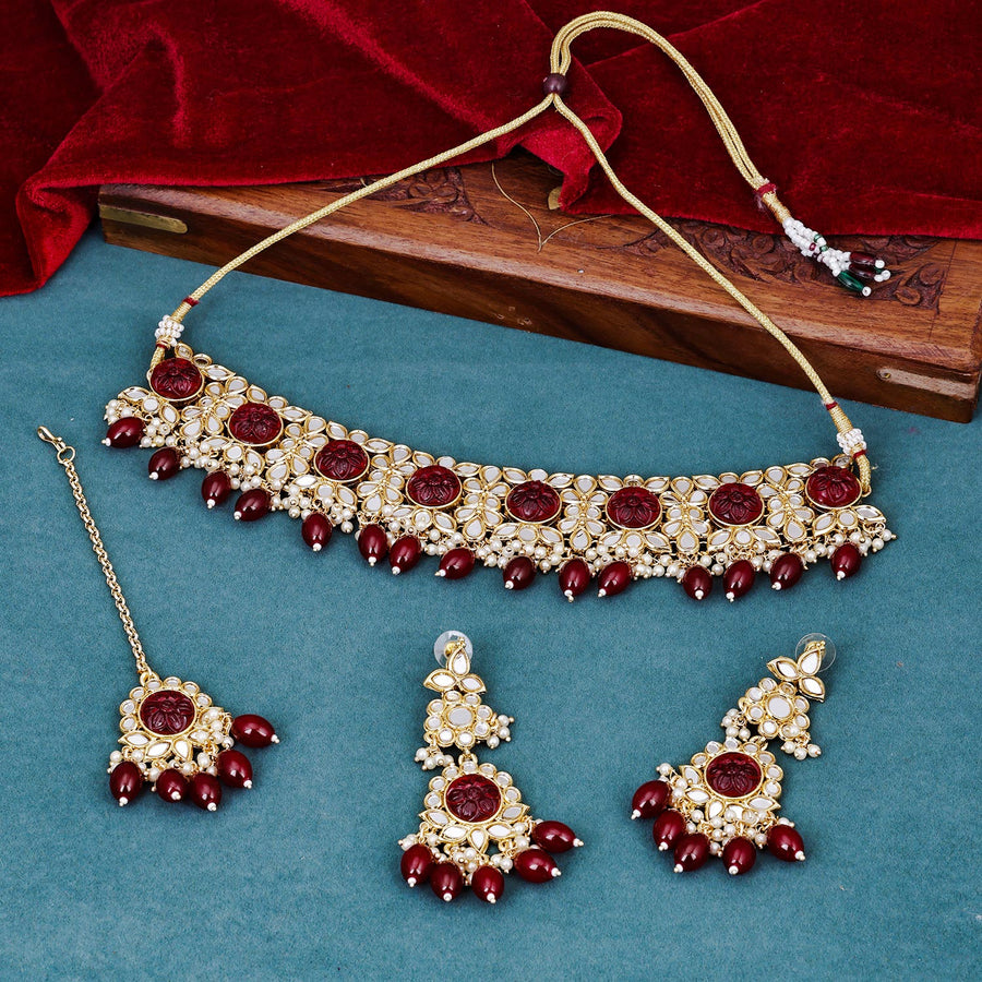Sukkhi knockout  Maroon Mirror & Pearl Gold Plated Choker Necklace Set for Women