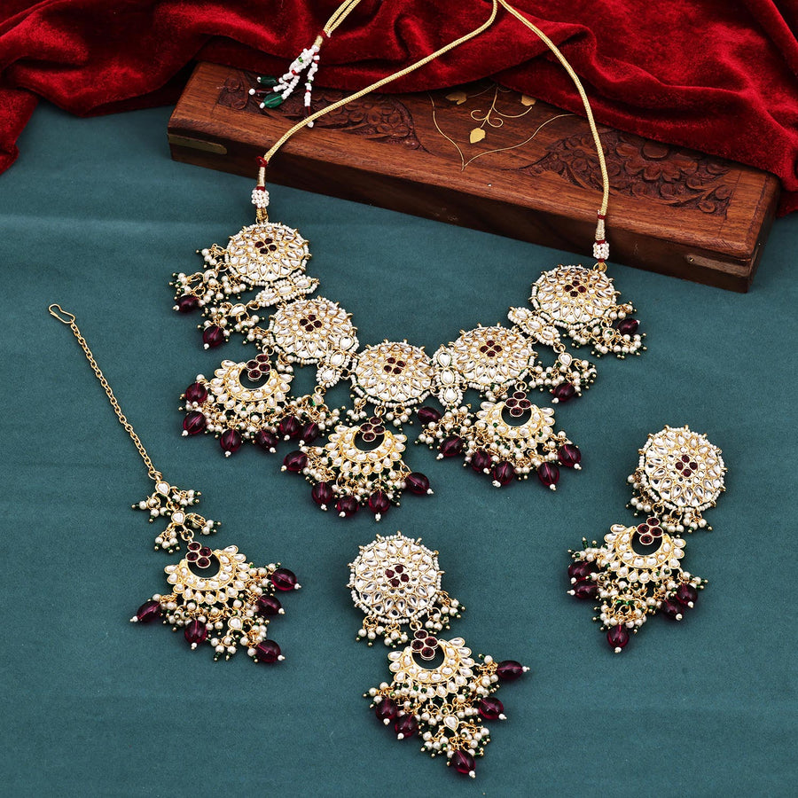 Sukkhi taking  Maroon Kundan & Pearl Gold Plated Choker Necklace Set for Women