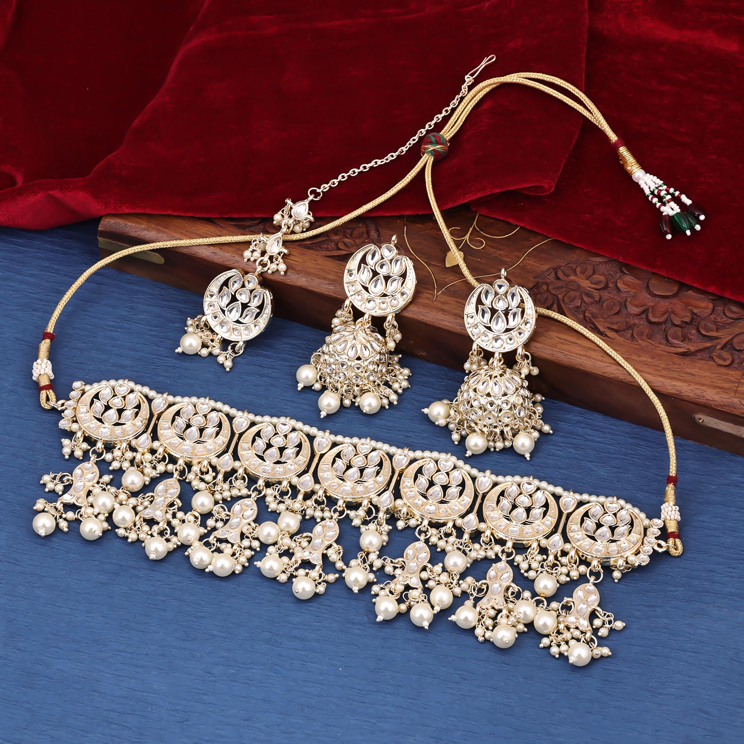 Sukkhi well-favored Golden Kundan & Pearl Gold Plated Choker Necklace Set for Women