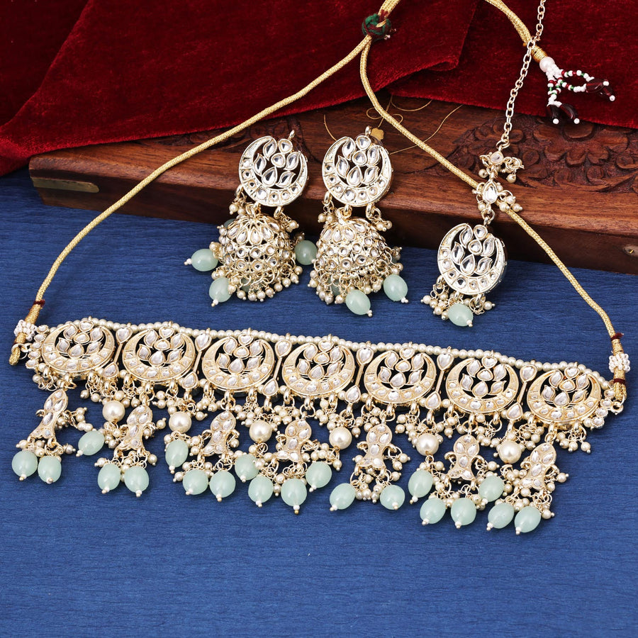 Sukkhi cunning  Pista Green Kundan & Pearl Gold Plated Choker Necklace Set for Women