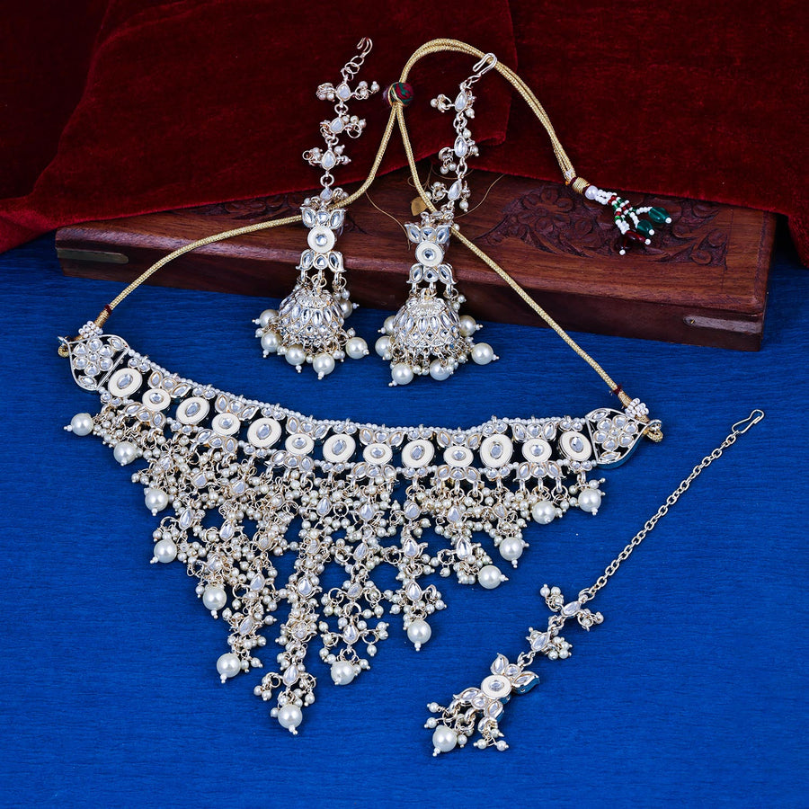 Sukkhi radiant Golden Kundan & Pearl Gold Plated Choker Necklace Set for Women