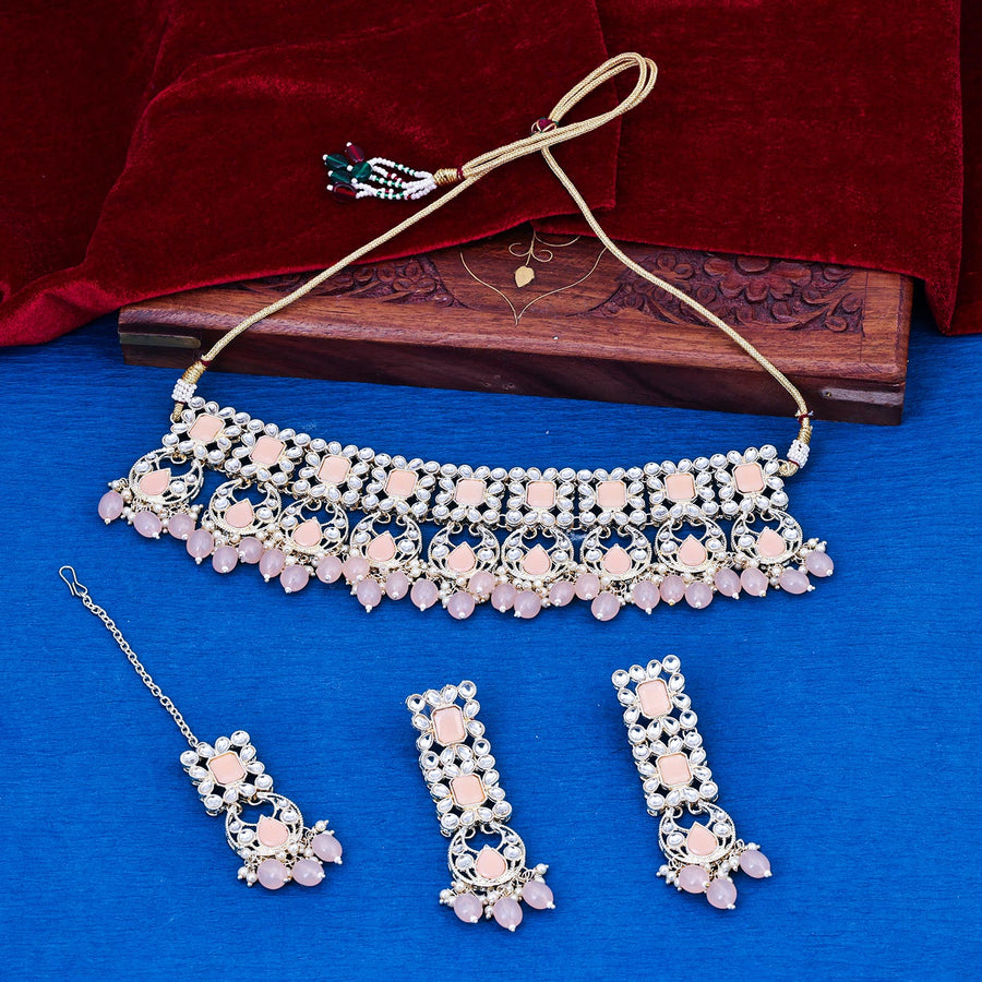 Sukkhi dainty  Peach Kundan & Pearl Gold Plated Choker Necklace Set for Women