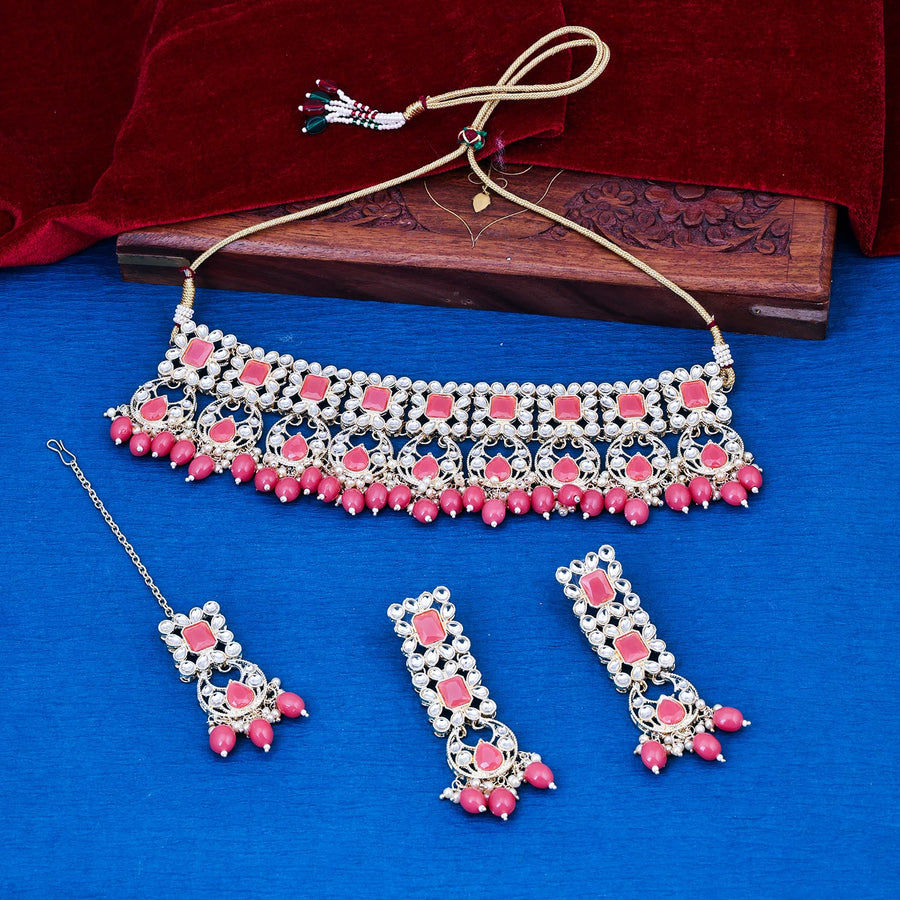 Sukkhi delicate Pink Kundan & Pearl Gold Plated Choker Necklace Set for Women