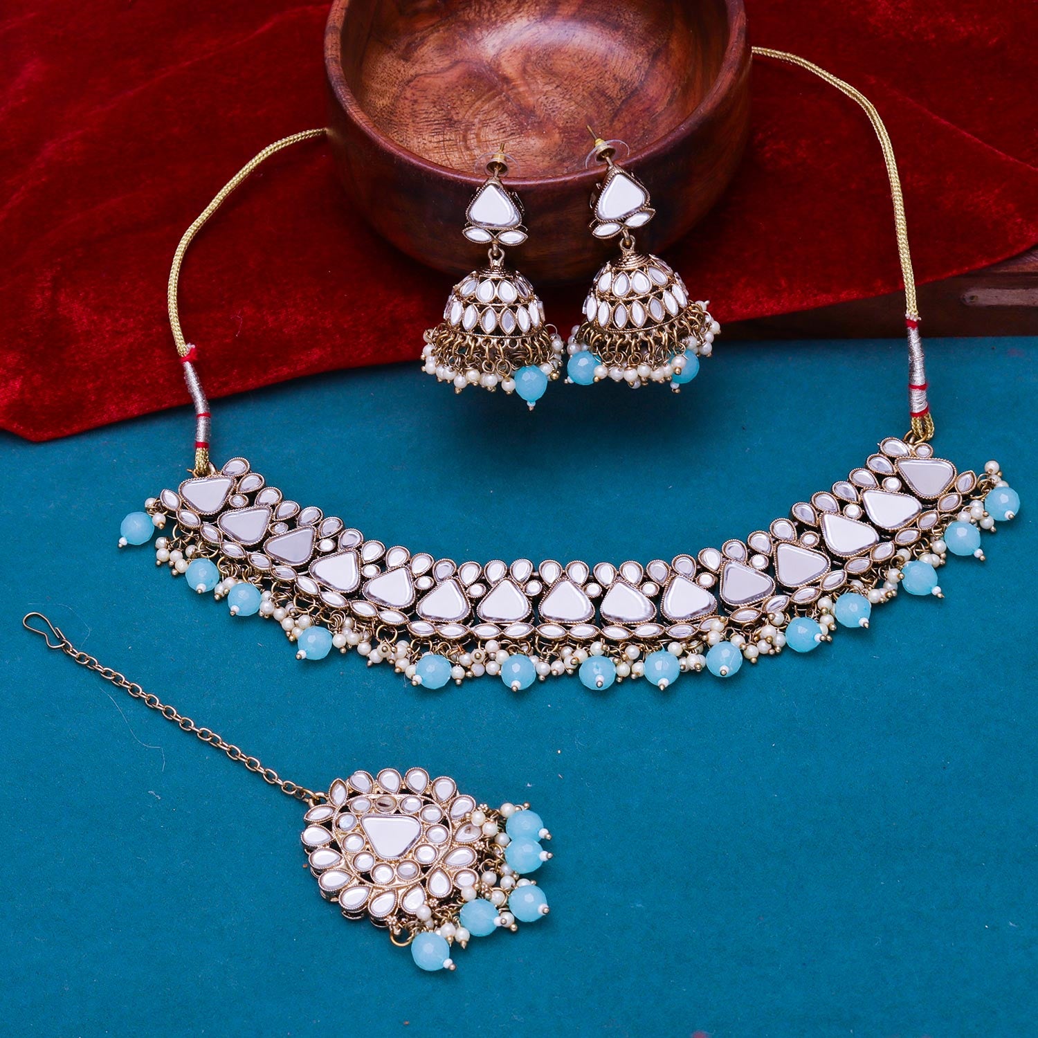 Sukkhi dishy  Aqua Mirror & Pearl Gold Plated Choker Necklace Set for Women