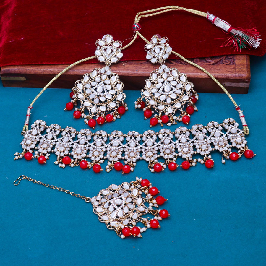 Sukkhi pulchritudinous  Red Mirror & Pearl Gold Plated Choker Necklace Set for Women