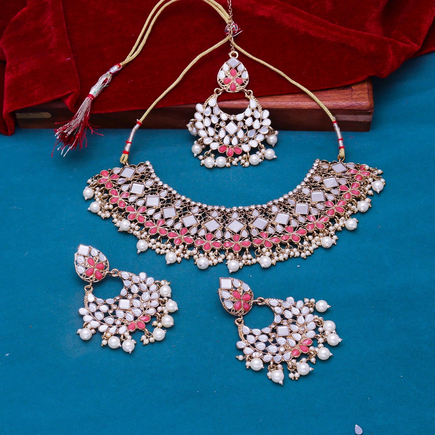 Sukkhi sexy  Peach Mirror & Pearl Gold Plated Choker Necklace Set for Women