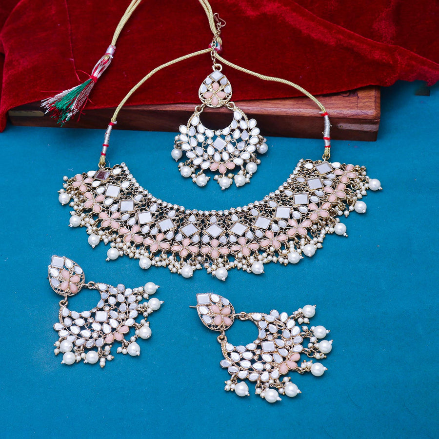 Sukkhi studly Pink Mirror & Pearl Gold Plated Choker Necklace Set for Women