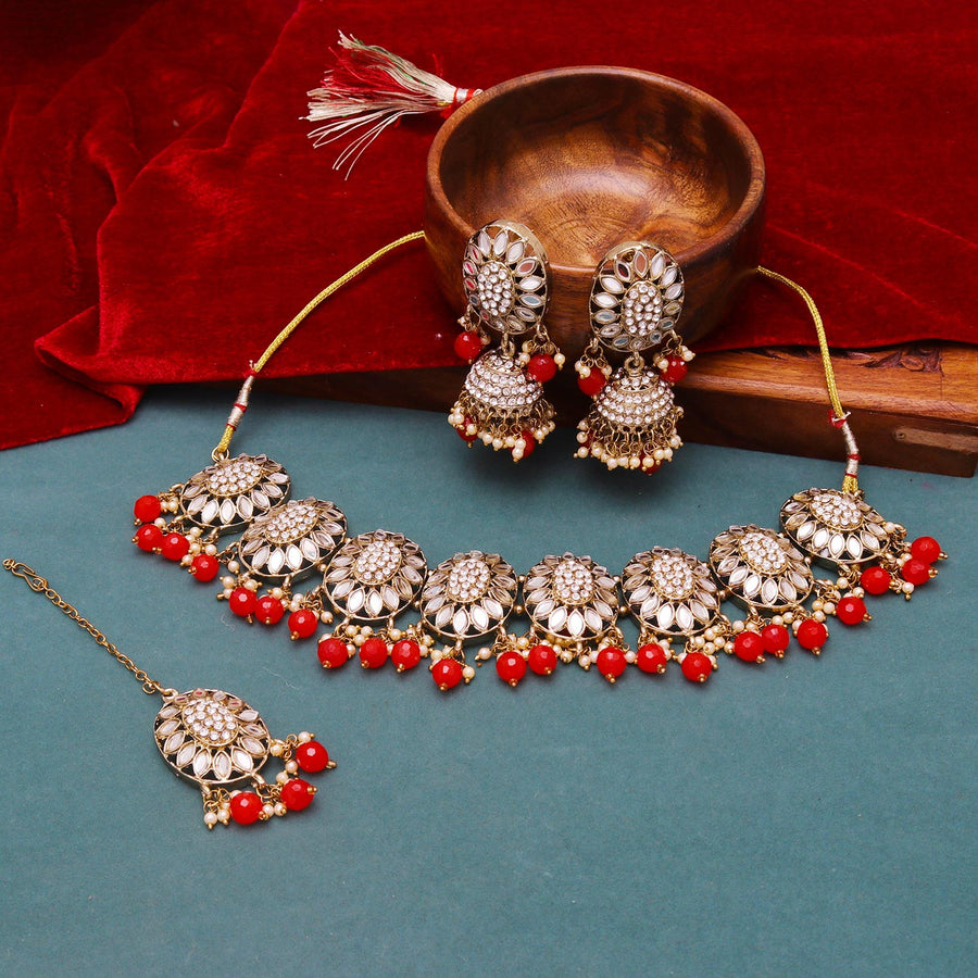 Sukkhi telegenic Red Mirror & Pearl Gold Plated Choker Necklace Set for Women