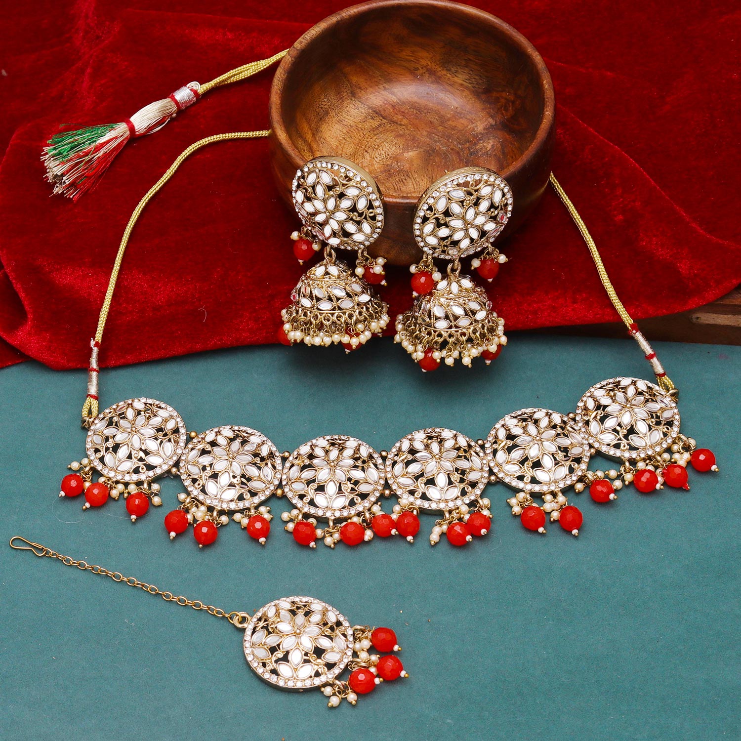 Sukkhi decent  Red Mirror & Pearl Gold Plated Choker Necklace Set for Women