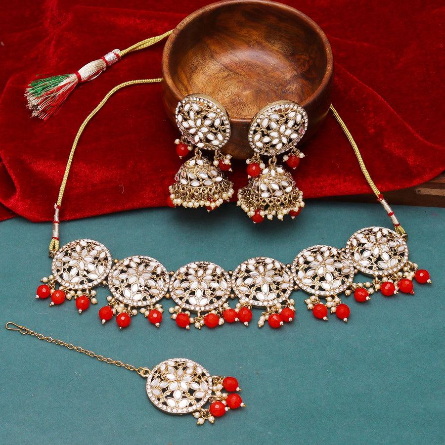 Sukkhi decent  Red Mirror & Pearl Gold Plated Choker Necklace Set for Women