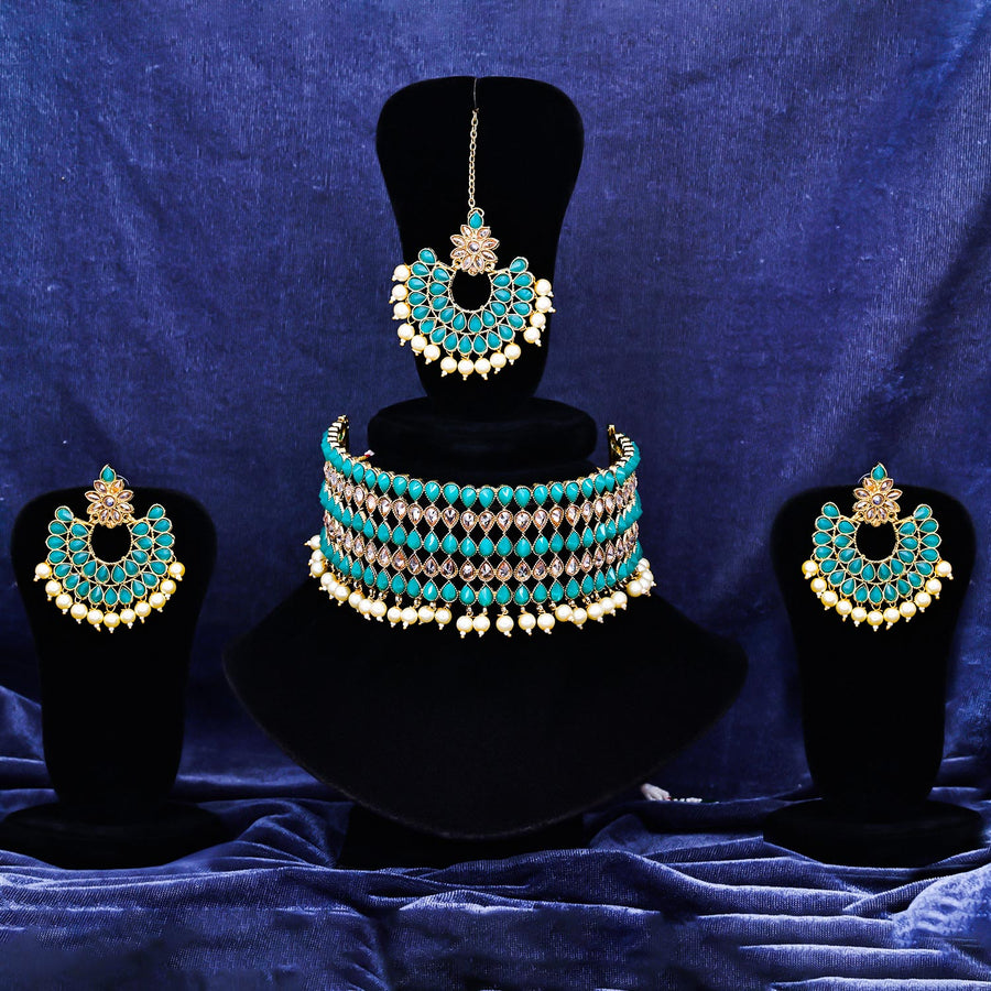 Sukkhi tolerable Green Kundan & Pearl Gold Plated Choker Necklace Set for Women
