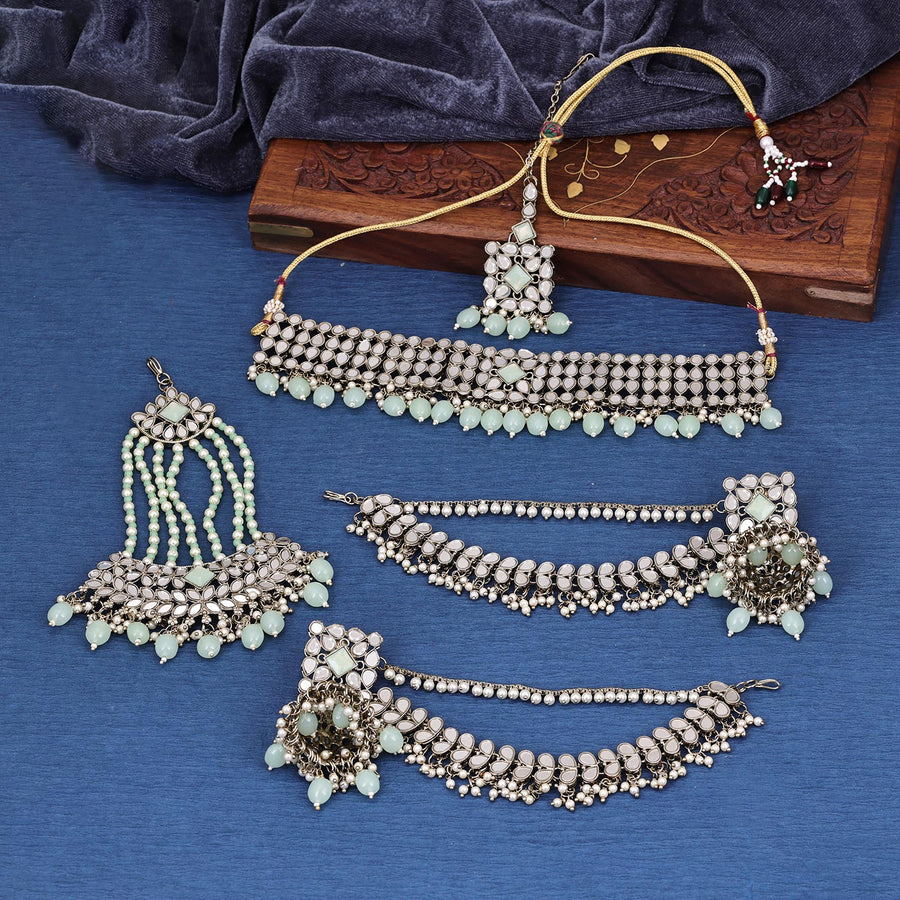 Sukkhi classical  Pista Green Mirror & Pearl Gold Plated Choker Necklace Set for Women
