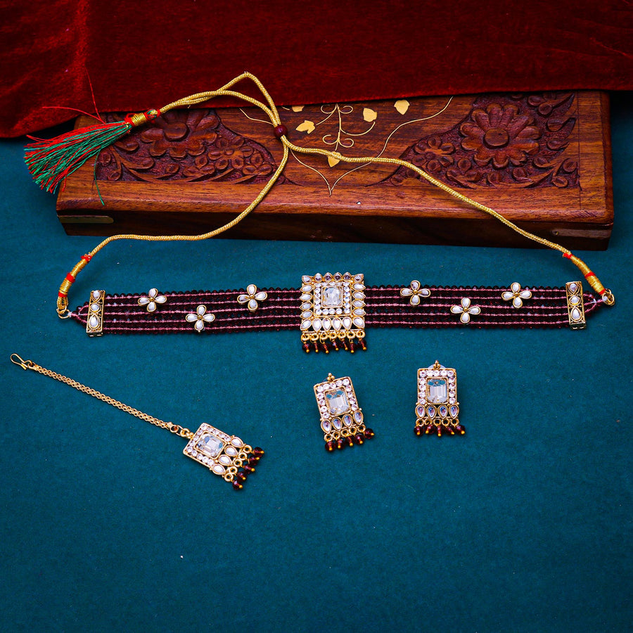 Sukkhi delightful  Brown Kundan & Pearl Gold Plated Choker Necklace Set for Women