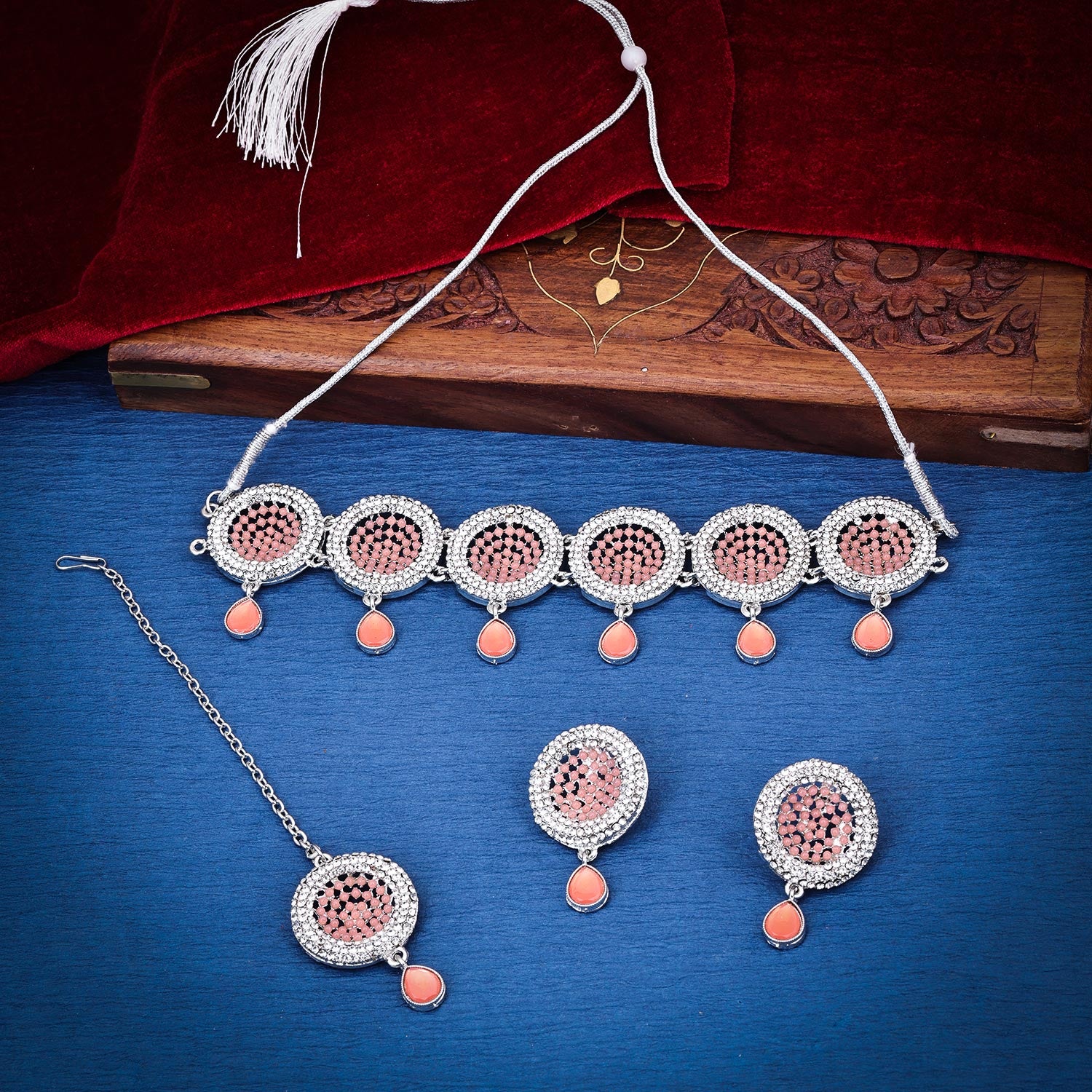 Sukkhi pleasing Peach AD & Pearl Rhodium Plated Choker Necklace Set for Women