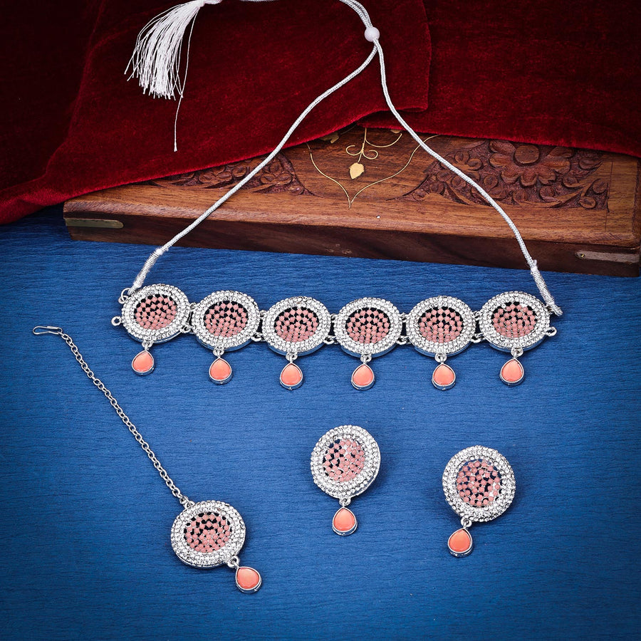 Sukkhi pleasing Peach AD & Pearl Rhodium Plated Choker Necklace Set for Women