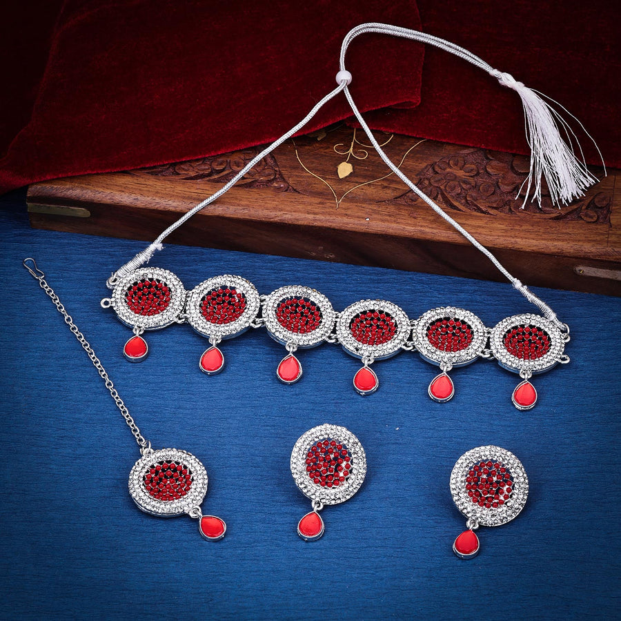 Sukkhi appealing  Red AD & Pearl Rhodium Plated Choker Necklace Set for Women